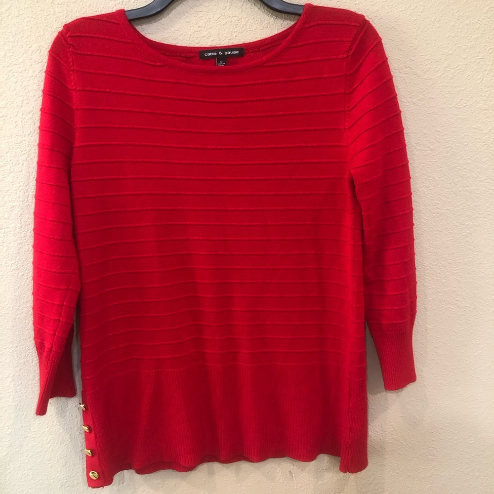 Cable & Gauge Red Sweater Women Size M 3/4 Sleeves Knit